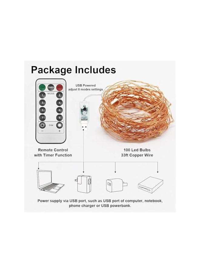 The Bros عبوة 2 من أضواء الف fairy LED البيضاء الدافئة 33 قدم 100 LED تعمل بالطاقة عبر USB للاستخدام الداخلي والخارجي - Image 3