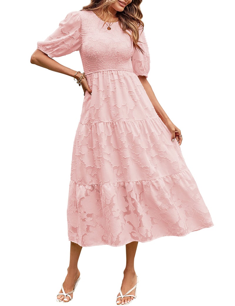 MEROKEETY Summer Dress for Women Elegant Smocked Short Puff Sleeve Floral Solid Midi Maxi Dresses,Pink,S - Image 1