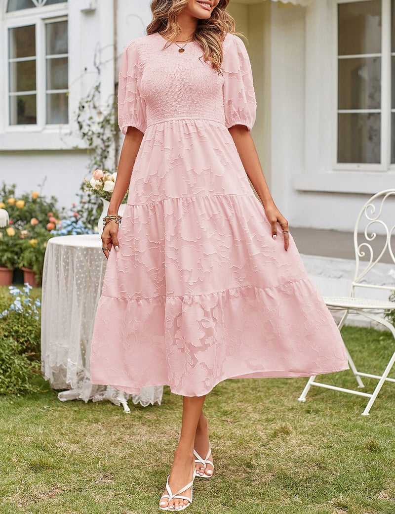MEROKEETY Summer Dress for Women Elegant Smocked Short Puff Sleeve Floral Solid Midi Maxi Dresses,Pink,S - Image 2