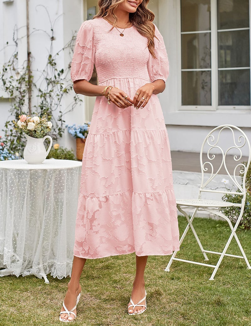 MEROKEETY Summer Dress for Women Elegant Smocked Short Puff Sleeve Floral Solid Midi Maxi Dresses,Pink,S - Image 3
