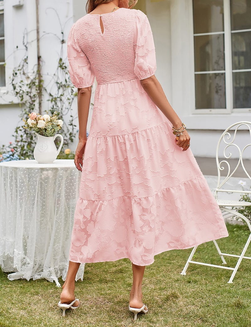 MEROKEETY Summer Dress for Women Elegant Smocked Short Puff Sleeve Floral Solid Midi Maxi Dresses,Pink,S - Image 4