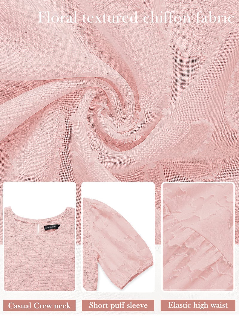 MEROKEETY Summer Dress for Women Elegant Smocked Short Puff Sleeve Floral Solid Midi Maxi Dresses,Pink,S - Image 5
