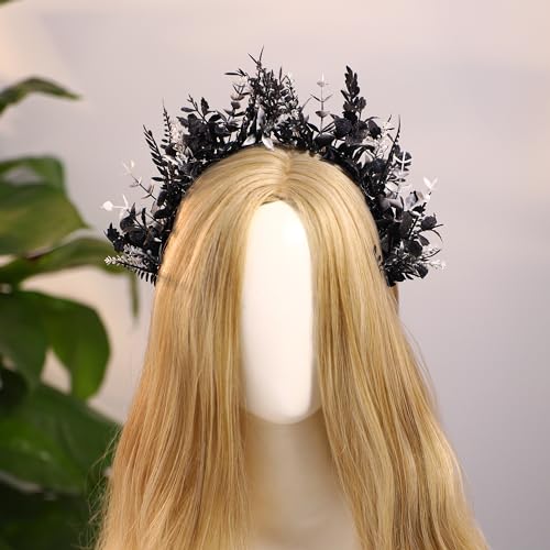MOSTORY Black Flower Halo Crown Handmade Gothic Floral Headpiece Dak Flower Headband for Women Cosplay Renaissance Photo Shoot Halloween - Image 3