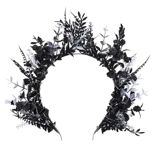 MOSTORY Black Flower Halo Crown Handmade Gothic Floral Headpiece Dak Flower Headband for Women Cosplay Renaissance Photo Shoot Halloween - Image 1