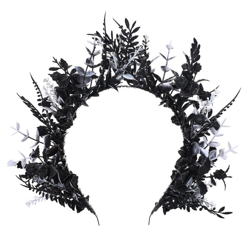 MOSTORY Black Flower Halo Crown Handmade Gothic Floral Headpiece Dak Flower Headband for Women Cosplay Renaissance Photo Shoot Halloween - Image 2