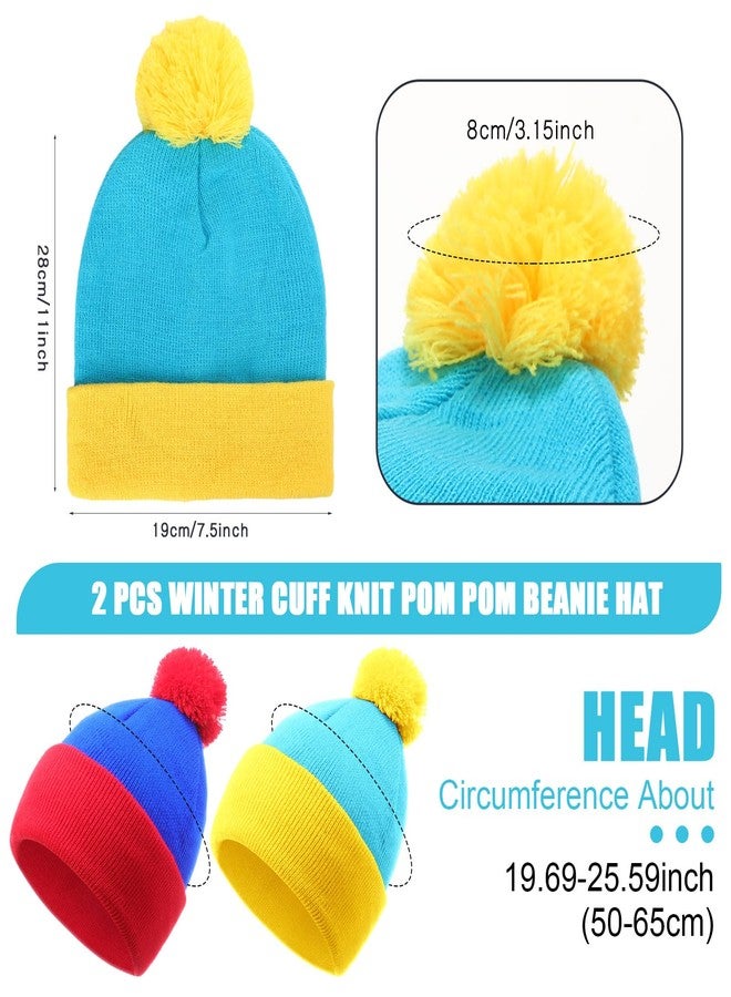 Shinymoon 2 Pcs Knit Pom Beanie Hat Halloween Character Cosplay Headwear Knitted Pompom Cuff Women Men's Winter Beanies(Lake Blue, Royal Blue) - Image 3