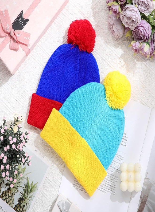 Shinymoon 2 Pcs Knit Pom Beanie Hat Halloween Character Cosplay Headwear Knitted Pompom Cuff Women Men's Winter Beanies(Lake Blue, Royal Blue) - Image 5