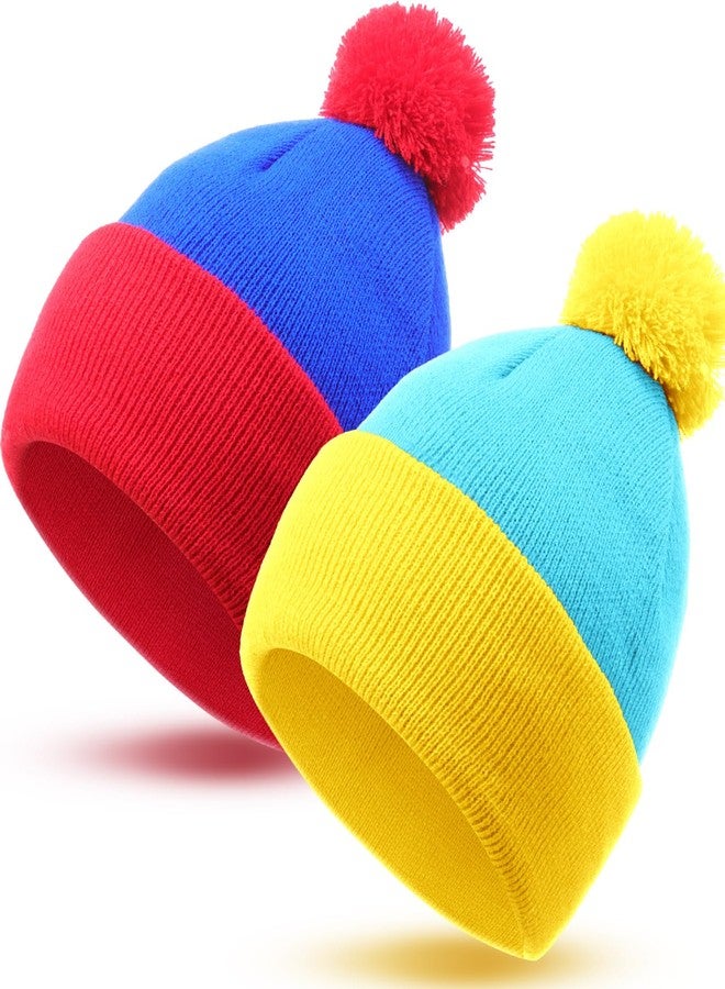 Shinymoon 2 Pcs Knit Pom Beanie Hat Halloween Character Cosplay Headwear Knitted Pompom Cuff Women Men's Winter Beanies(Lake Blue, Royal Blue) - Image 2