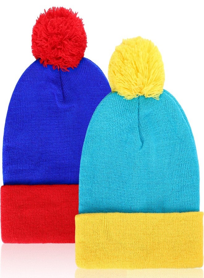 Shinymoon 2 Pcs Knit Pom Beanie Hat Halloween Character Cosplay Headwear Knitted Pompom Cuff Women Men's Winter Beanies(Lake Blue, Royal Blue) - Image 1