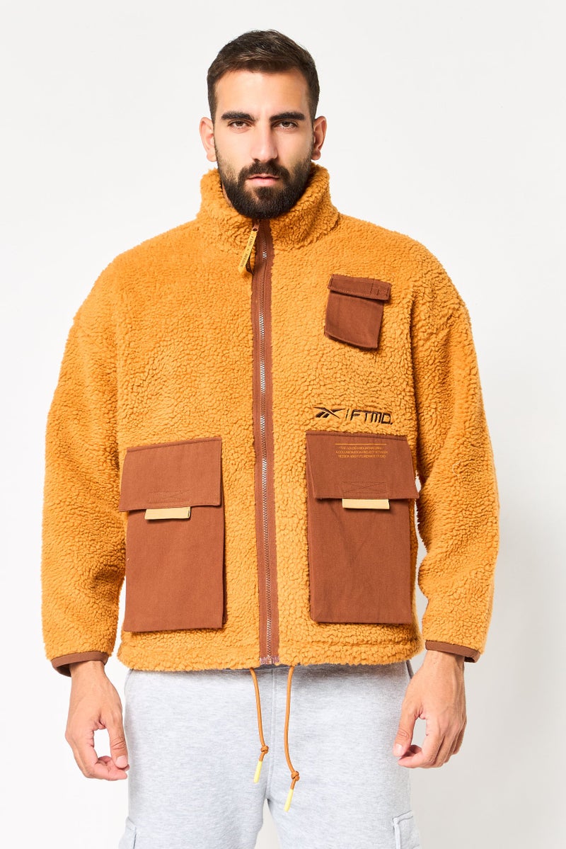 Reebok Men Sportwear Fit Embroidered Logo Faux Fur Parka Jacket, Rust - Image 1