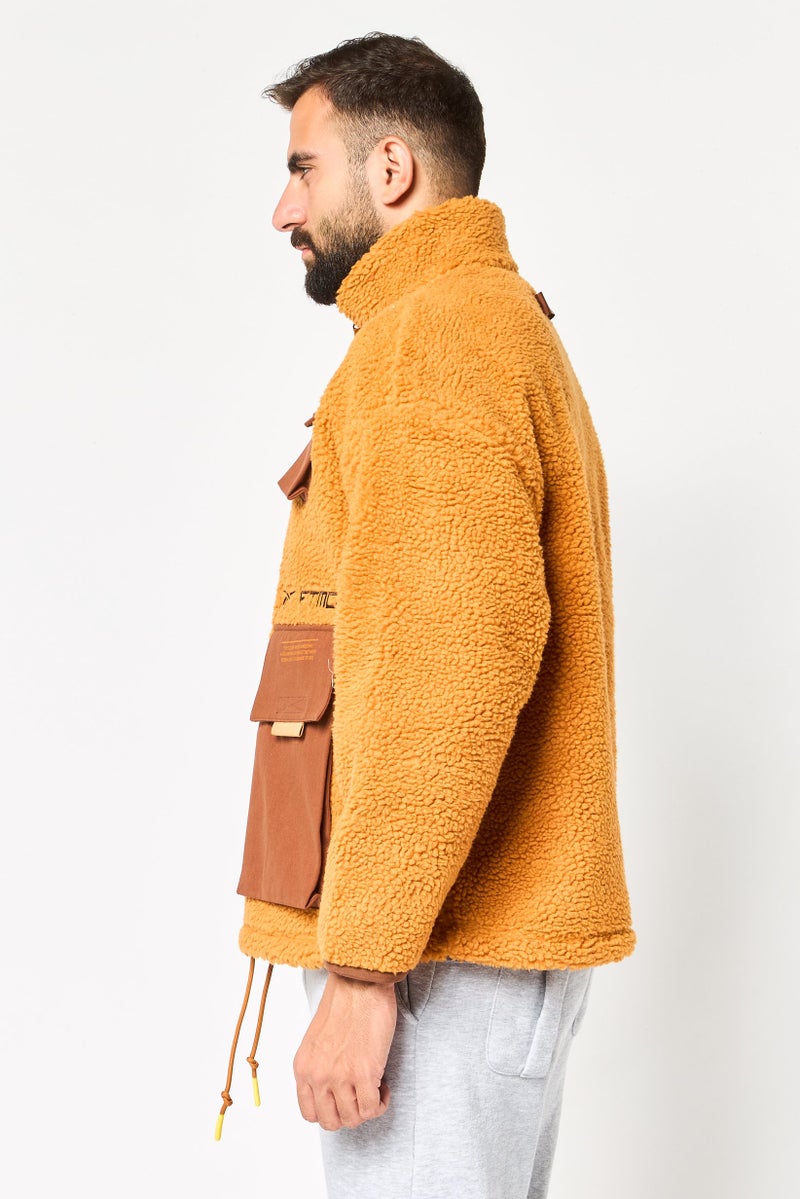 Reebok Men Sportwear Fit Embroidered Logo Faux Fur Parka Jacket, Rust - Image 3