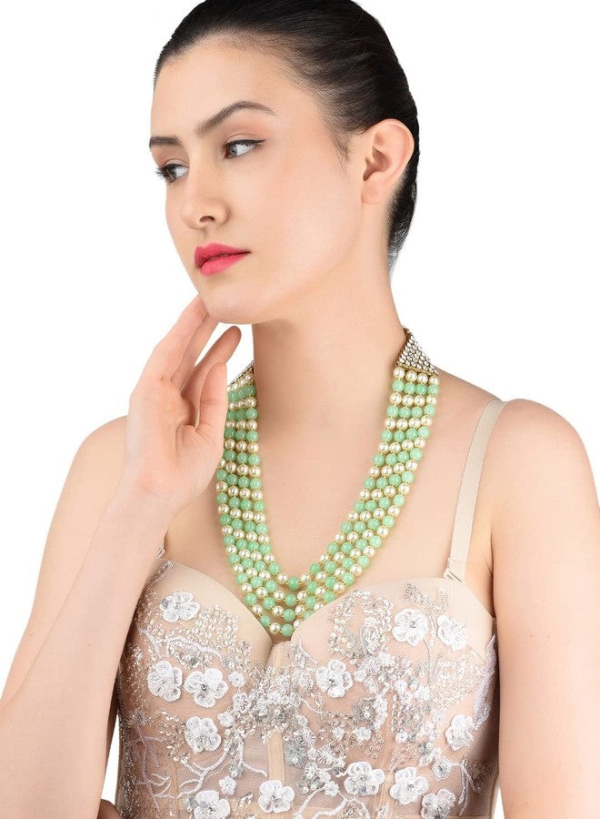 Zaveri Pearls قلادة زافيري بيرلز متعددة الطبقات من الخرز الأخضر واللؤلؤ للنساء - ZPFK11378 - Image 4