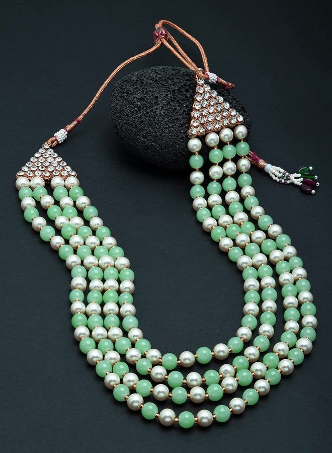 Zaveri Pearls قلادة زافيري بيرلز متعددة الطبقات من الخرز الأخضر واللؤلؤ للنساء - ZPFK11378 - Image 2