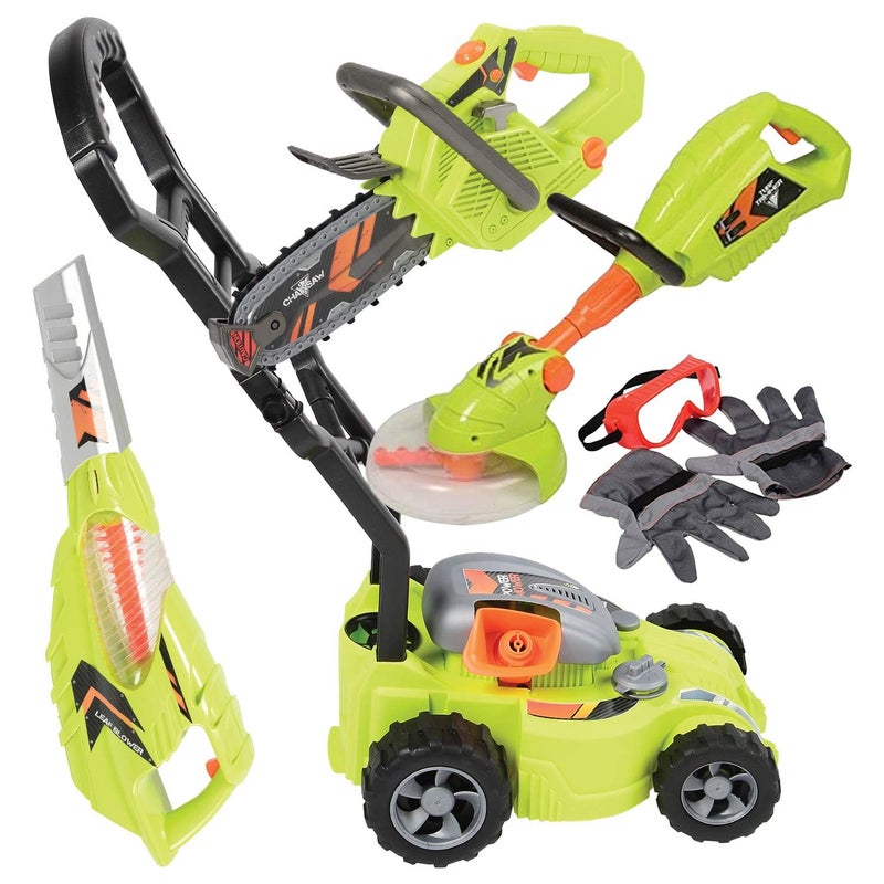 Constructive Playthings CP Toys 6Piece Power Gardening Toy Set for Kids Ages 3 Child Size IndoorOutdoor Play Kids Tool Set with Leaf Blower Chainsaw Lawn Mower and More Green - Image 2