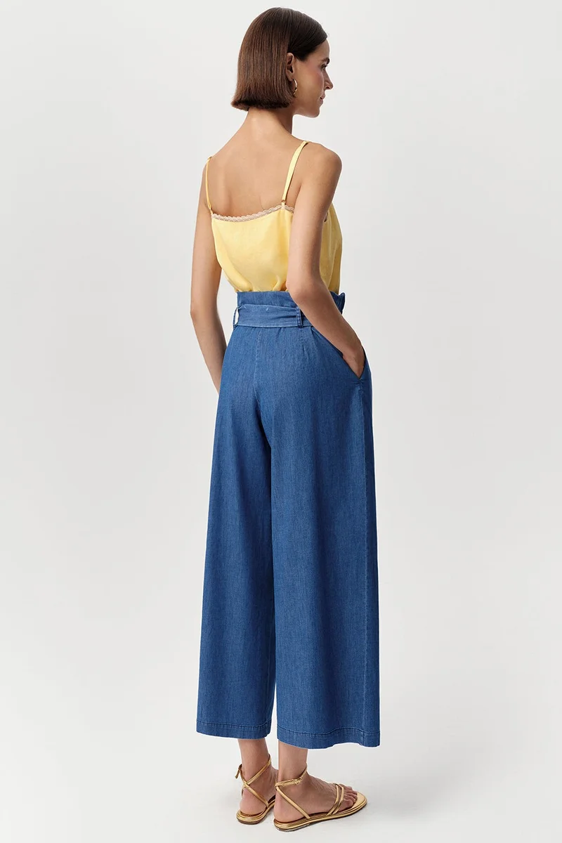 EXQUISE High-Waisted, Zip-Up, Pocketed, Belted Regular Denim Blue Trousers
