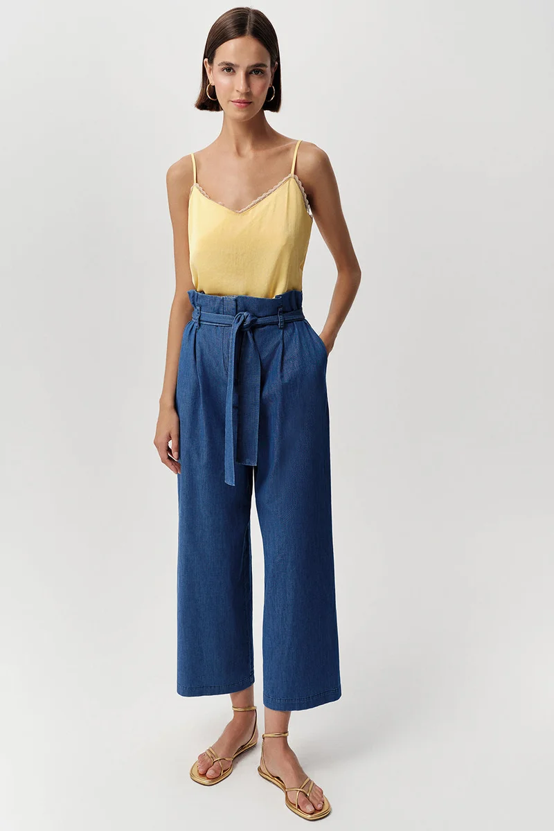 EXQUISE High-Waisted, Zip-Up, Pocketed, Belted Regular Denim Blue Trousers
