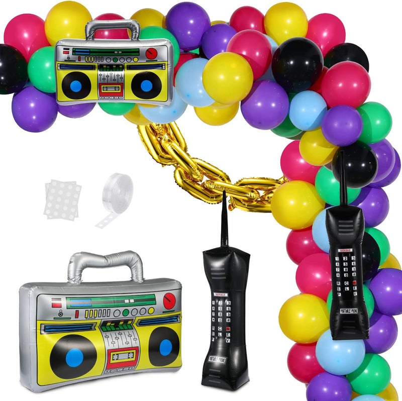Vinsot 90s 80s Theme Party Balloons Backdrop Decorations Include Inflatable Boom Box Inflatable Retro Mobile Phone Gold Chain Balloons Garland Kit for Back to 90s 80s Party for Birthday Decor - Image 1