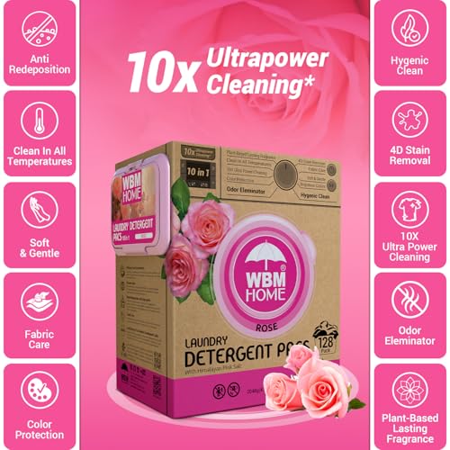 WBM 10-in-1 Laundry Pods, Total 128 Count, High Efficiency, Ultra Concentrate with Powerful Stain Lifter Technology, Fabric Softener With Rose Extracts, Detergent Pods - Image 5