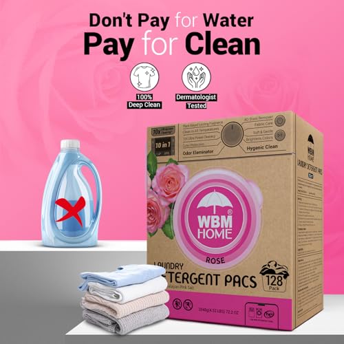 WBM 10-in-1 Laundry Pods, Total 128 Count, High Efficiency, Ultra Concentrate with Powerful Stain Lifter Technology, Fabric Softener With Rose Extracts, Detergent Pods - Image 4
