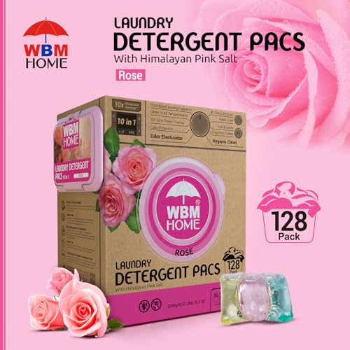 WBM 10-in-1 Laundry Pods, Total 128 Count, High Efficiency, Ultra Concentrate with Powerful Stain Lifter Technology, Fabric Softener With Rose Extracts, Detergent Pods - Image 3