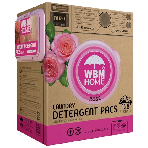 WBM 10-in-1 Laundry Pods, Total 128 Count, High Efficiency, Ultra Concentrate with Powerful Stain Lifter Technology, Fabric Softener With Rose Extracts, Detergent Pods - Image 1