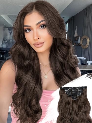 KooKaStyle Clip in Hair Extensions for Women with Thinning Hair7PCS 20 Inch Thick Long Wavy Hair Extensions Clip InsChocolate Brown with Dark Brown Synthetic Hairpiece for Daily Use Voluminous Look - Image 1