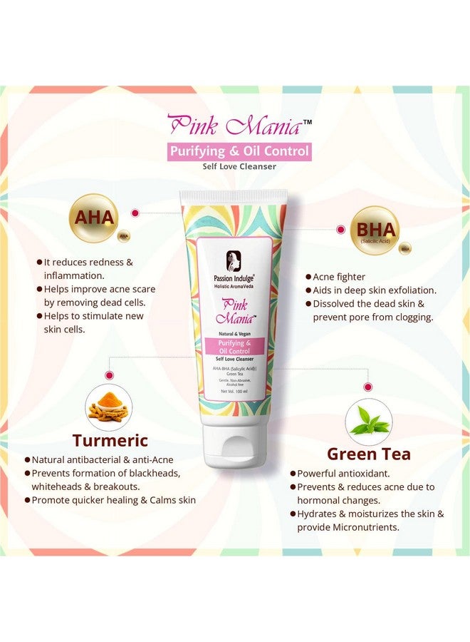 passion indulge Pink Mania Aha Bha Purifying & Oil Control Face Cleanser With Turmeric & Green Tea Acne Removal - Image 2