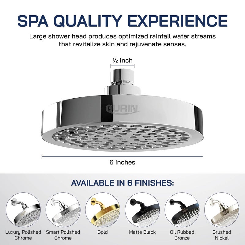 GURIN Shower Head High Pressure Rain Shower head - 6 Inch Luxury Design with Adjustable Angles, Anti-Clogging Nozzles, Easy 1-Min Install, Premium Chrome Finish for Bathroom (2.5 GPM) - Image 5