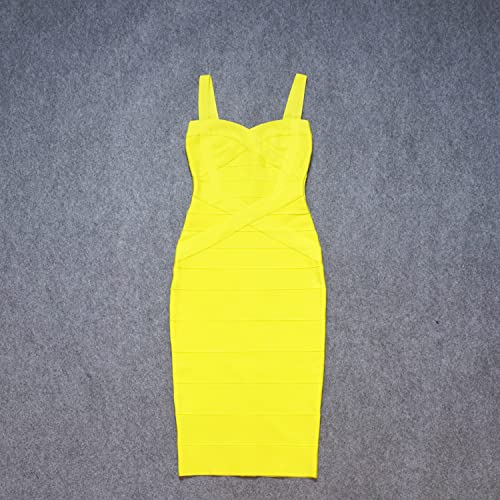 HLBandage Midi-Calf Solid Color Spaghetti Strap Rayon Bandage Dress (L,Yellow) - Image 3