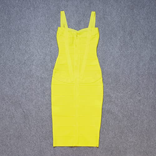 HLBandage Midi-Calf Solid Color Spaghetti Strap Rayon Bandage Dress (L,Yellow) - Image 4