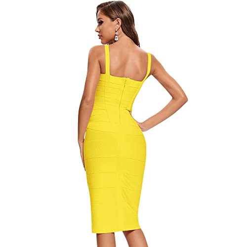 HLBandage Midi-Calf Solid Color Spaghetti Strap Rayon Bandage Dress (L,Yellow) - Image 2
