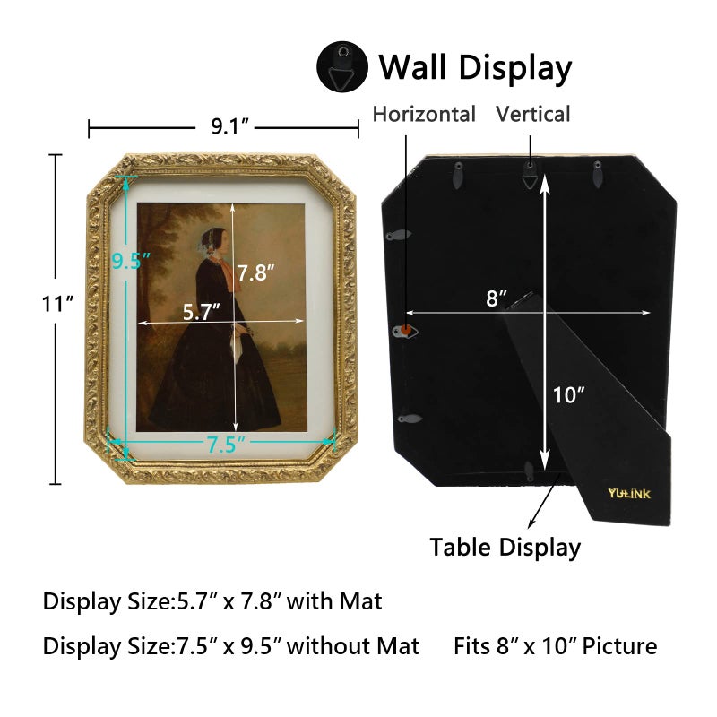 YULINK 8x10 Vintage Picture Frame  Antique Ornate Gold Octagon Photo Frame with Mat  for Tabletop and Wall Display  Decorative Retro Home Decor  Old Fashioned Photo Gallery Art - Image 5