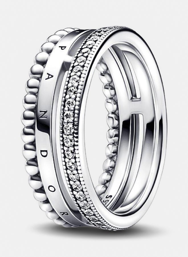 PANDORA Pandora Logo Sterling Silver Ring with Clear Cubic Zirconia