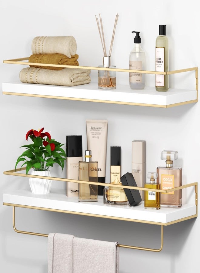 Shario Floating Shelves - Set of 2, Wall Mounted Hanging Shelves with Golden Towel Rack, Decorative Storage Shelves for Bathroom, Kitchen, Living Room & Bedroom - Image 1