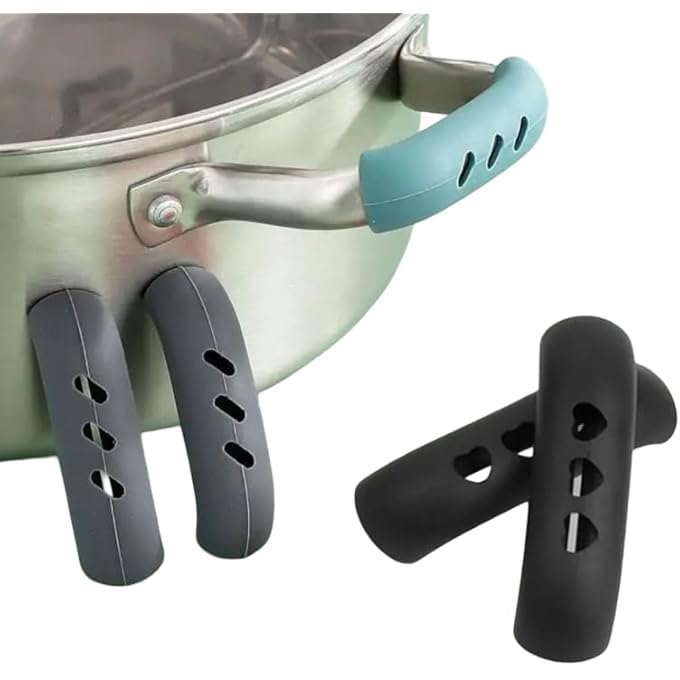ريحني مقابض مقابض الأواني المصنوعة من السيليكون، مقاومة للحرارة، أغطية غير قابلة للانزلاق للأواني والمقالي، أغطية مضادة للحروق، واقيات مقابض المطبخ متينة وآمنة للاستخدام في غسالة الأطباق، عبوة من قطعتين باللون الرمادي - Image 1