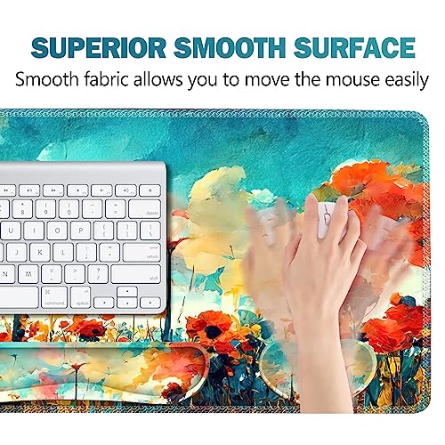 ARTSO Gaming Mouse Pad Wrist Support Set, XXL Large Desk Mat Mousepad + Keyboard Wrist Support+ Mouse Wrist Rest+Coaster 4in1 Ergonomic, Stitched Edge for Home Office -Oil Painting Flowers Plants - Image 4