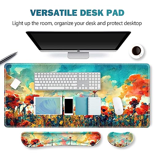 ARTSO Gaming Mouse Pad Wrist Support Set, XXL Large Desk Mat Mousepad + Keyboard Wrist Support+ Mouse Wrist Rest+Coaster 4in1 Ergonomic, Stitched Edge for Home Office -Oil Painting Flowers Plants - Image 2