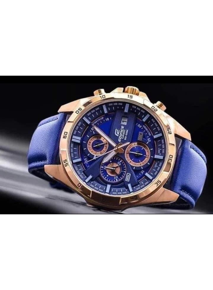 Casio Edifice EFR-556PC-2AV Men’s Chronograph Watch – Blue Dial, Rose Gold Bezel, Leather Strap, 100M Water Resistance - Image 2