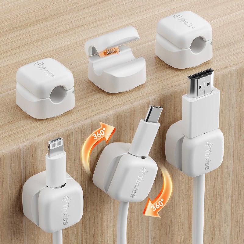 Yocice 6Pack Rotatable Cord Organizer,Spring Cable Clips Desk Cable Management Cord Holder Adhesive Phone Charger Cord Clips for Home Office Car Wall Nightstand Accessories, White - Image 1