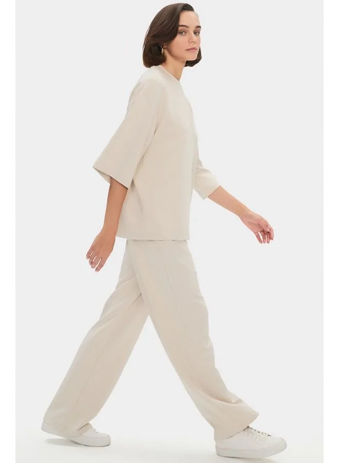 جون June Women Oversize Crew Neck Short Sleeve Tshirt Elastic Waist Sweatpant Set Beige