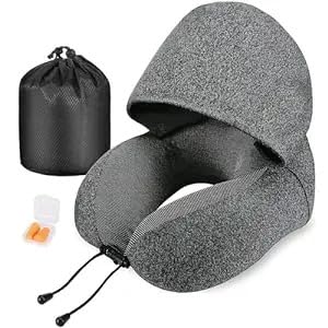 Brikipth Brikipth Travel Pillow for Neck Memory Foam Hooded Travel Neck Pillow for Adults Comfortable Neck Pillow for Travel with Hoodie Flight PillowTravel Cushion for Plane Car Train  - Image 1