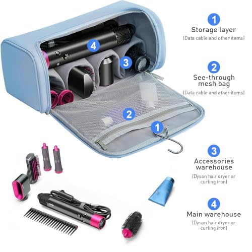 MAYCREATE Polyurethane (PU) Travel Storage Bag For Dyson Air Wrap Holder Hair Styler Organizer For Airwrap Attachments Portable Storage Bag With Hanging Hook, Blue(Bag Only) - Image 2