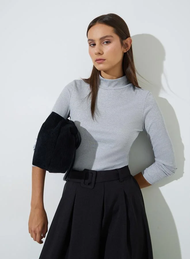 Styli Grey Solid High Neck Ribbed Fitted Top
