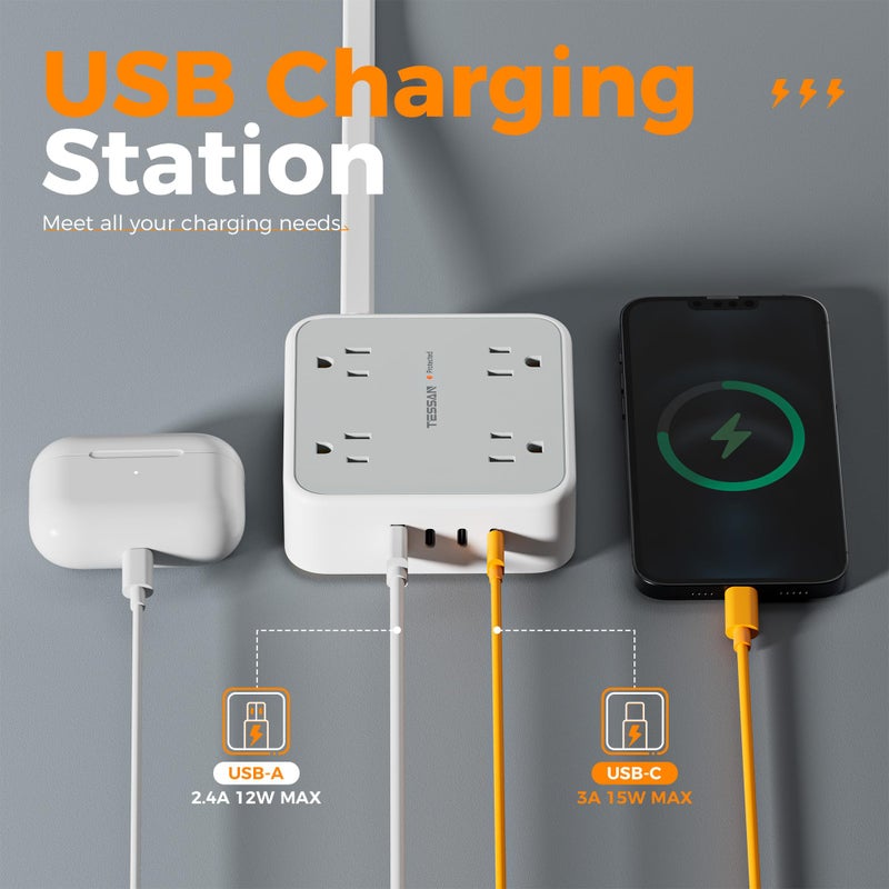 TESSAN Surge Protector Power Strip, TESSAN 5 FT Extension Cord with Multiple Outlets Flat Plug, 4 USB (3 USB C) and 8 AC Outlets, 900J Protection, Wall Mount Charging Station for Home Office Supplies - Image 2