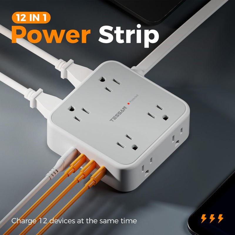 TESSAN Surge Protector Power Strip, TESSAN 5 FT Extension Cord with Multiple Outlets Flat Plug, 4 USB (3 USB C) and 8 AC Outlets, 900J Protection, Wall Mount Charging Station for Home Office Supplies - Image 3