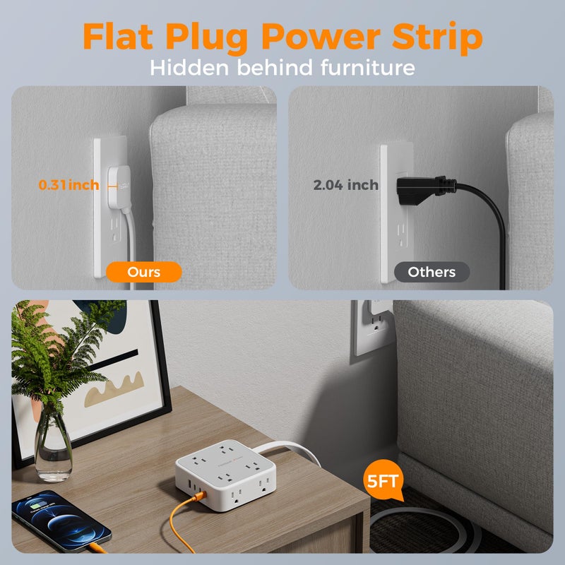 TESSAN Surge Protector Power Strip, TESSAN 5 FT Extension Cord with Multiple Outlets Flat Plug, 4 USB (3 USB C) and 8 AC Outlets, 900J Protection, Wall Mount Charging Station for Home Office Supplies - Image 4