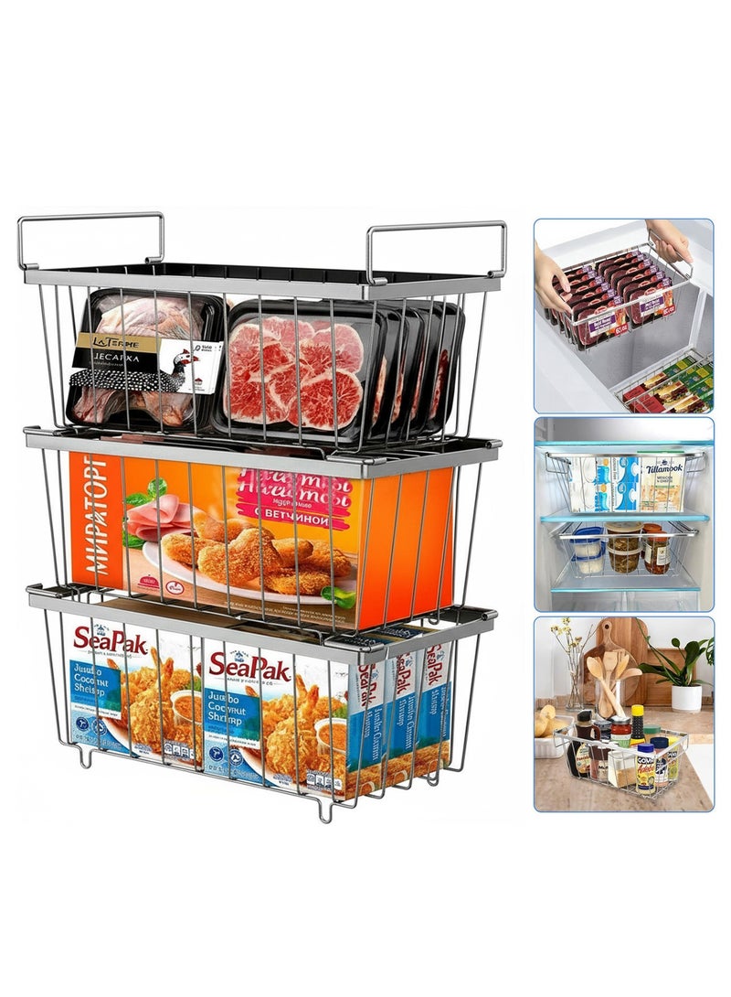 والالا مجموعة من 3 صناديق معدنية كبيرة لتنظيم الفريزر، سلال فريزر قابلة للتكديس، صناديق تخزين منزلية، أدراج فريزر، فاصل فريزر، صناديق تخزين للمطبخ، منظمات ثلاجة بمقابض - Image 1