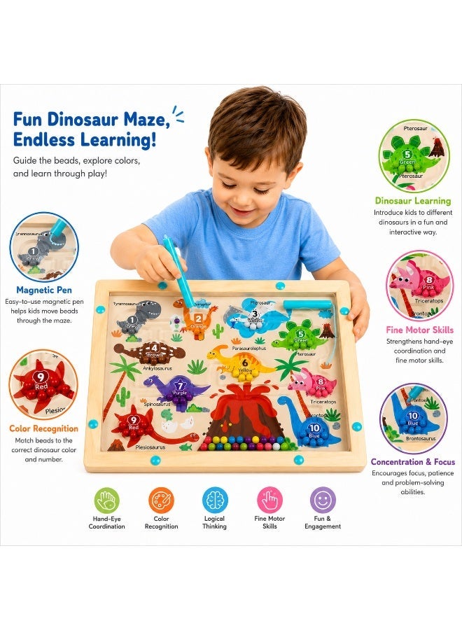 Twisoo Twisso Wooden Dinosaur Maze Toy for Kids 3+ Years, Magnetic Dinosaur Maze Board with Colorful Beads, Counting 1-10, Fine Motor Skills, Hand Eye Coordination & Educational Activity Toy - Image 4