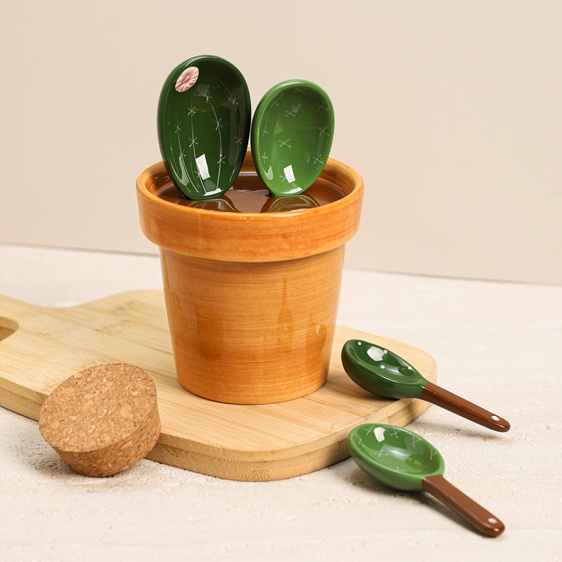 Sizikato 4pcs Porcelain Measuring Spoons with Base, Cute Cactus Shape - Image 3