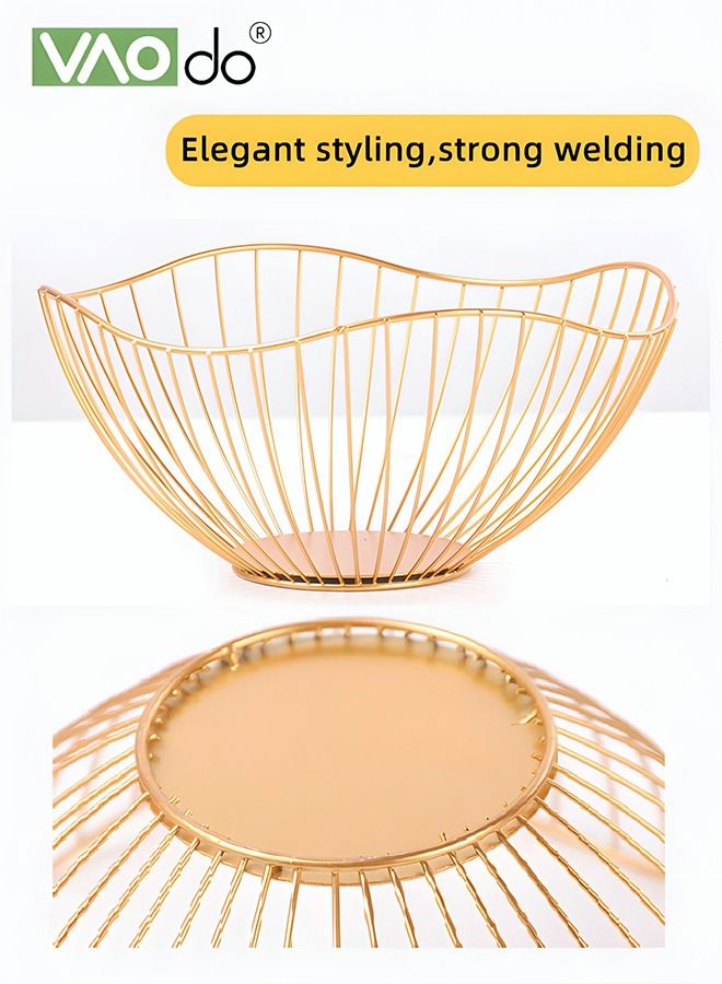 VAOdo Gold Hollowed Out Fruit Basket Iron Lotus Leaf Drain Basket Simple Large Capacity Kitchen Storage With Anti-skid Bottom Big  - Image 4